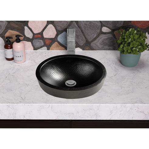 Hand Hammered 17 inch Aluminum Skirted Oval Vessel Bathroom Sink - Matte Black
